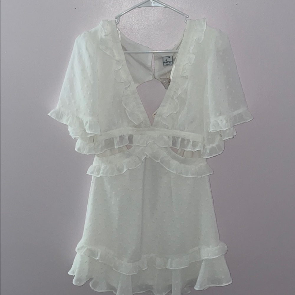 white ruffle cutout dress